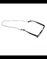 Thin silver box chain necklace with black silicone loops, designed for holding sunglasses or glasses.