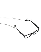 Thin silver box chain necklace for glasses with black silicone loops, measuring 52 cm in length.