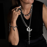 Long statement hearts necklace with steel chains, punk rock necklace, edgy chunky jewelry for romance love gift