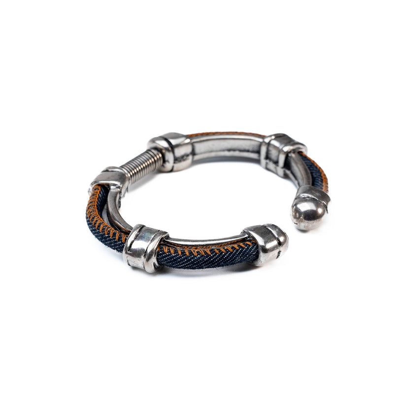 Metal bangle with orange stitched jeans cord (BR-242)