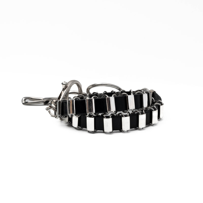 Bracelet with oval stainless steel link chain with leather (BR-478)