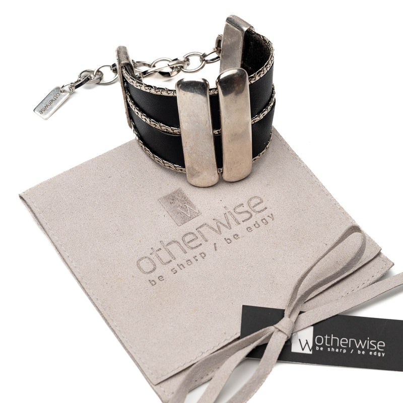 Soft black leather bracelet with heavy silver-plated metal bars (BR-483)