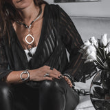 Edgy chic choker Necklace with metal and leather and Austrian crystal pendant, Unique classy necklace for her