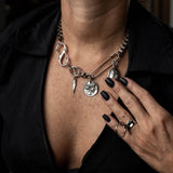 Silver safety pin box chain necklace with pendants, Rock style chunky choker and charms