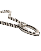 Chunky stainless steel box chain necklace with an oversized oval carabiner, offering an edgy and brutal design.