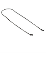 Thin, minimal silver chain necklace for glasses with black silicone loops at each end for secure attachment.