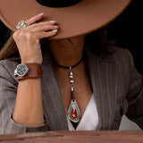 Statement necklace with Austrian crystal pendant, Standout astral pink crystal stone Necklace with leather and metal