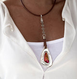 Statement necklace with Austrian crystal pendant, Standout astral pink crystal stone Necklace with leather and metal