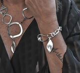 Edgy chic necklace and bracelet set, unique silver curb bracelet, stainless steel chain, classy bold abstract set, standout statement set