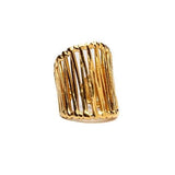 Gold-plated stainless steel adjustable ring with a chunky, edgy design featuring vertical slits. Ideal for statement wear.