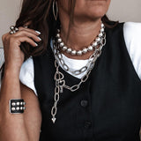 Long Steel chain necklace with heart closure, Heavy link chain worn once or twice around neck for a statement look