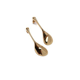 Large gold abstract earrings with a water drop design, made of silver plated copper, showcasing a sleek, modern style.