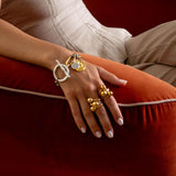 Gold and silver chunky triple ball ring featuring massive spheres, worn on a model’s hand, showcasing its bold design.