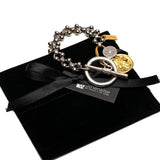 Fashionable silver and gold bracelet with hammered T-clasp intricate stainless steel chain and coins, A unique cuff and perfect gift