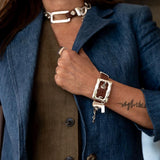 Bold belt buckle necklace and bracelet set, Chunky metal and brown leather jewelry, Unique Punk Buckle Choker and cuff