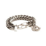 Chunky stainless steel bracelet featuring a heavy chain, double lobster clasp, and an ancient Greek coin pendant.