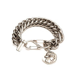 Chunky stainless steel chain bracelet with a double lobster clasp and an ancient Greek coin pendant, silver finish.