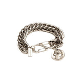 Chunky stainless steel bracelet with a double lobster clasp and an ancient Greek coin pendant. Silver antique finish.