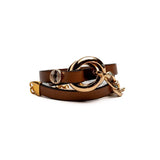 Brown leather wrap bracelet featuring honey gold double links and a chunky stainless steel chain.
