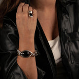 Large Black Murano Glass & Oval Metal Statement Bracelet