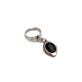 Silver band ring with black resin charm, Adjustable dangle ring