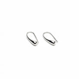 High-polished silver teardrop earrings, approximately 2 inches long, with a sleek and elegant design.