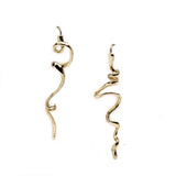 Asymmetrical earrings in shiny gold featuring unique, irregular abstract designs that complement each other.