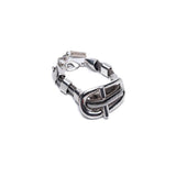 Multi-strand metal chain bracelet featuring a prominent chunky buckle centerpiece in a polished silver finish.