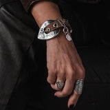 Western Buckle Bracelet with khaki double-wrap leather strap and silver plated buckle detail
