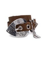 Double-wrap khaki leather bracelet featuring a large silver-plated western-style buckle and adjustable fit.