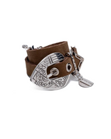 Chunky khaki double-wrap leather bracelet with a large silver-plated buckle and an adjustable closure.