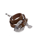 Khaki double-wrap leather bracelet with a large silver-plated western-style buckle and adjustable chain closure.