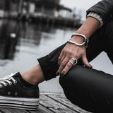 Bold metal and leather bracelet, unisex edgy and unique jewelry