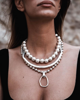 Chunky silver ball chain choker featuring oversized metal beads and a unique drop pendant, layered elegantly around the neck.