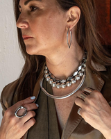 Chunky silver ball chain choker worn layered over a dark top, complemented by matching rings and earrings.