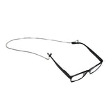 Thin, silver box chain necklace designed for eyeglasses, featuring black silicone loops for secure attachment.