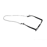 Thin silver chain with black silicon loops, designed for holding eyeglasses or a mask, displayed elegantly.