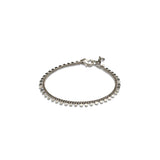 Antique plated silver anklet featuring round charms along a delicate brass chain, adjustable length for a perfect fit.