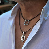 Men's leather and metal layered necklaces, silver shackle necklace, men's jewelry, leather cord necklace, fathers day gift, gift for him
