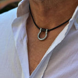 Men's leather and metal layered necklaces, silver shackle necklace, men's jewelry, leather cord necklace, fathers day gift, gift for him