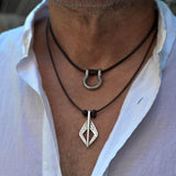Men's leather and metal layered necklaces, silver shackle necklace, men's jewelry, leather cord necklace, fathers day gift, gift for him