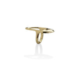 Irregular shaped statement ring with a shiny gold finish, featuring a unique geometric design and open space.