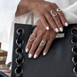 Irregular circle rings set with 3 adjustable geometric silver-plated rings in hammered, cuff, and hollow designs