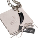 Brutalist necklace with gemstone tooth, edgy agate pendant hangs from chunky steel chain with u bolt shackle