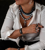 Edgy layered Semi precious gemstone choker and Metal tube chokers in gun metal color, Black necklace set for your everyday standout look