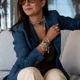 Unique double wrap bracelet in unode50 style, metal and leather cuff with stainless steel chain for a sharp and chic look. a standout piece!