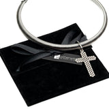 Bold yet minimal stainless steel bar choker with textured cross pendent, a statement piece
