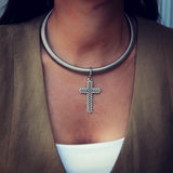 Bold yet minimal stainless steel bar choker with textured cross pendent, a statement piece