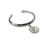 Silver Greek coin bangle cuff with 20mm antique-style charm in sterling silver plated zamak