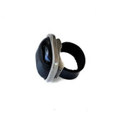 Chunky black resin necklace bracelet and ring, dramatic leather and metal set